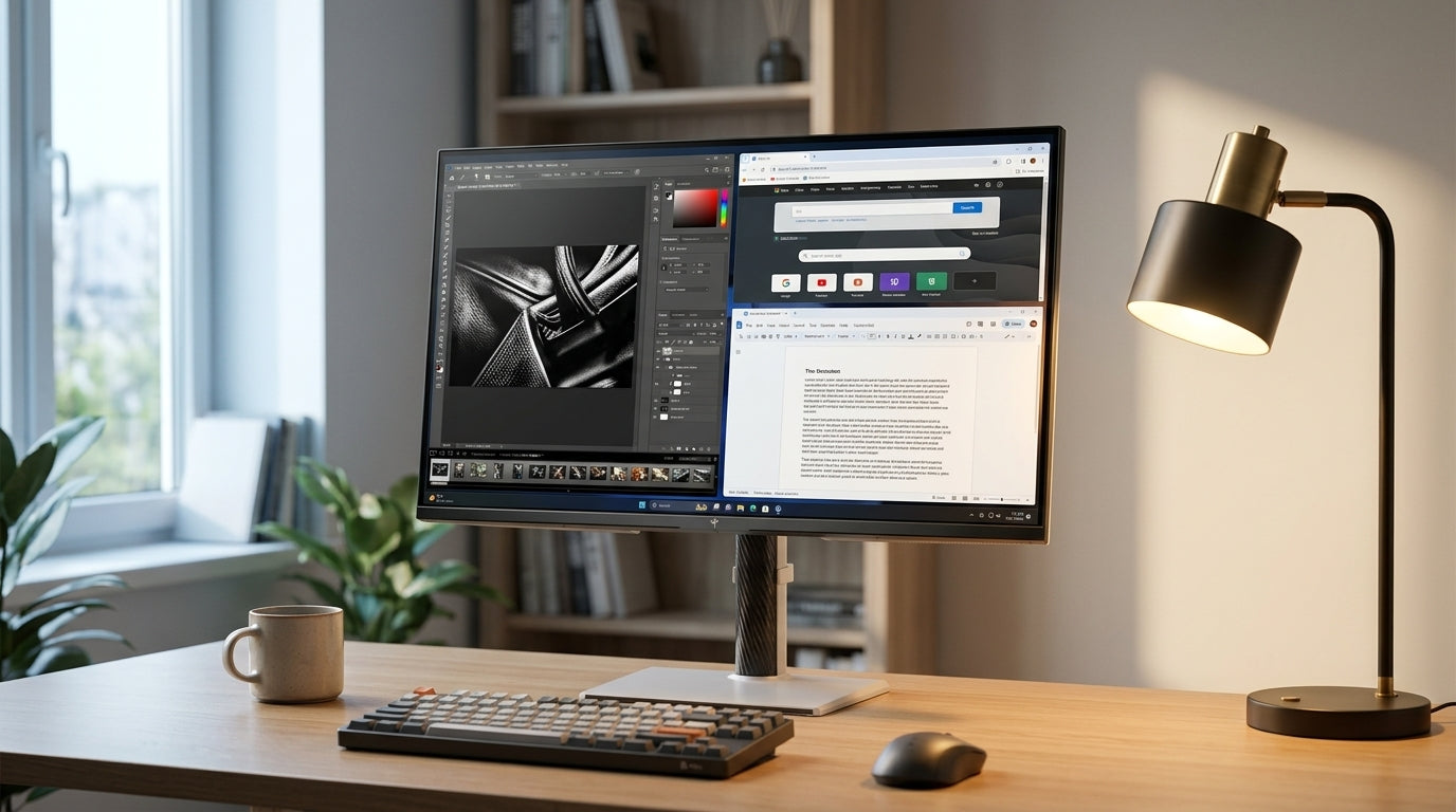 Mini-LED monitor on a desk with mixed room lighting from a window and lamp