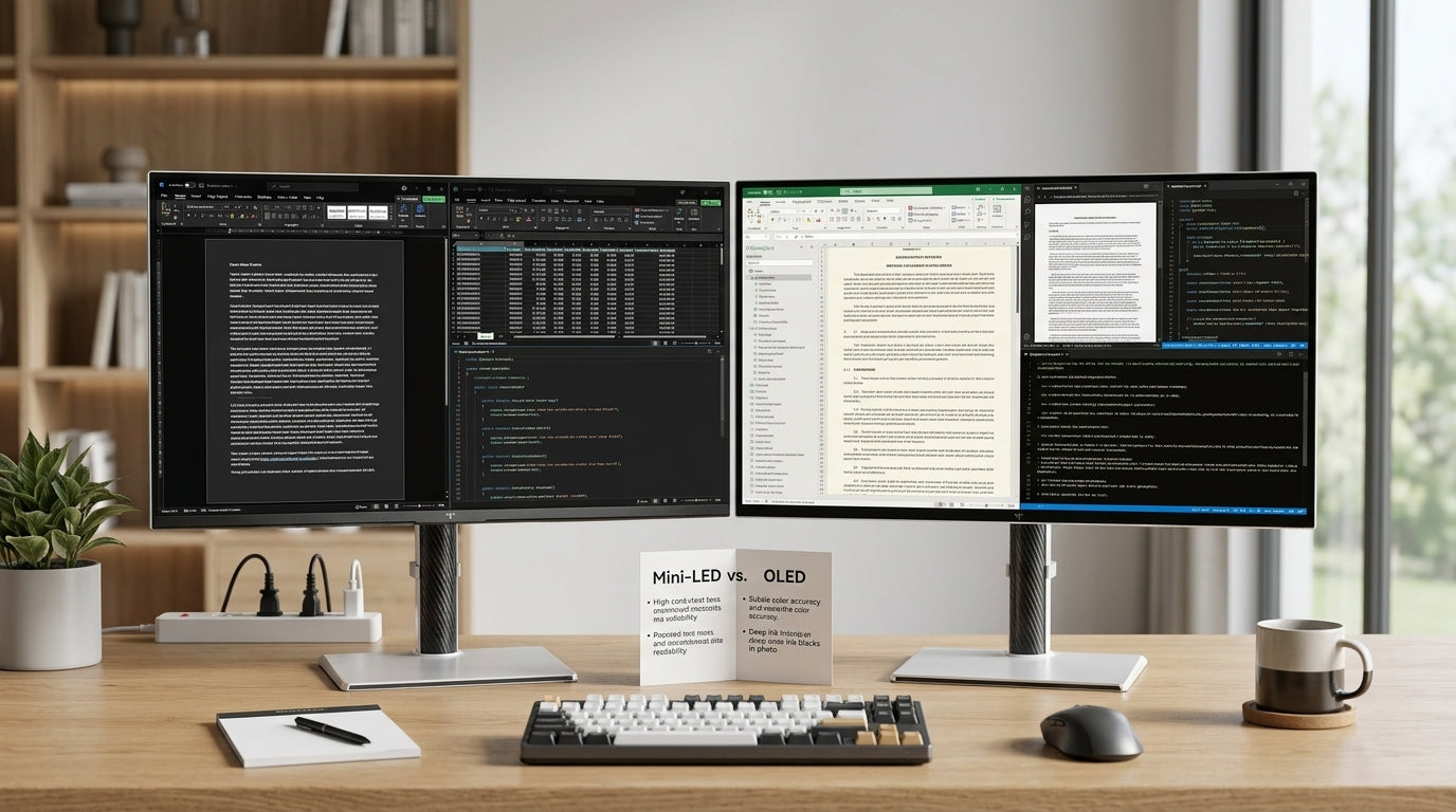 Mini-LED and OLED office desk comparison with text on a monitor