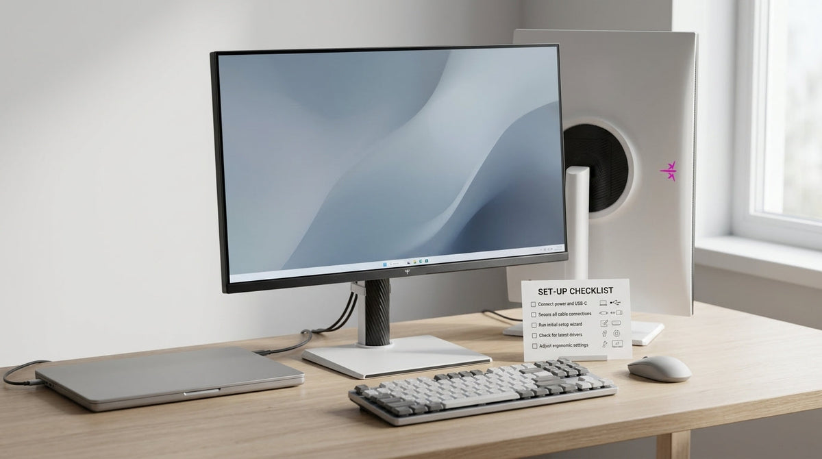 A value-brand monitor on a desk beside a laptop, keyboard, and support checklist
