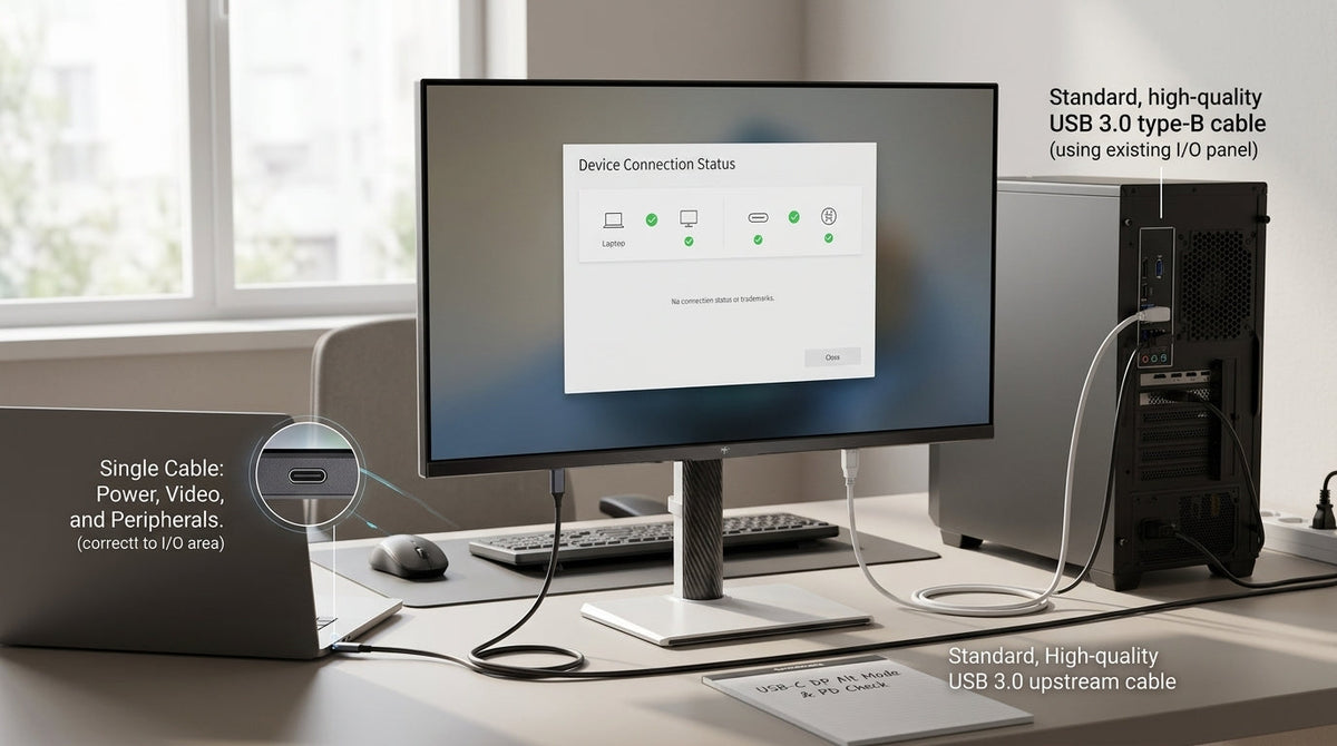 USB-C KVM monitor on a shared laptop desk