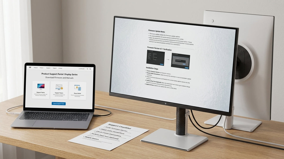 Monitor support checklist beside a modern desk setup