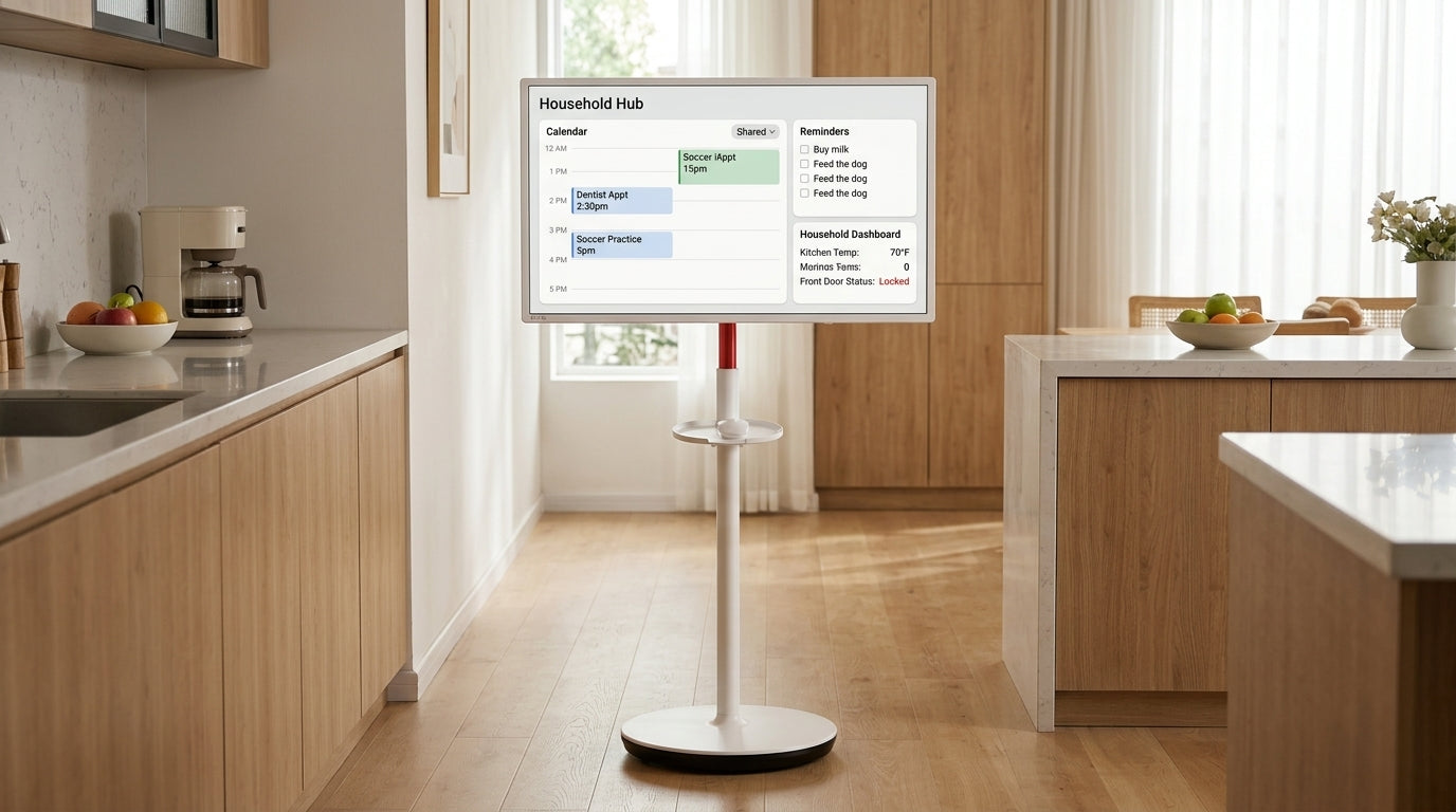 Rolling smart display in a family kitchen with a shared calendar and reminders on screen