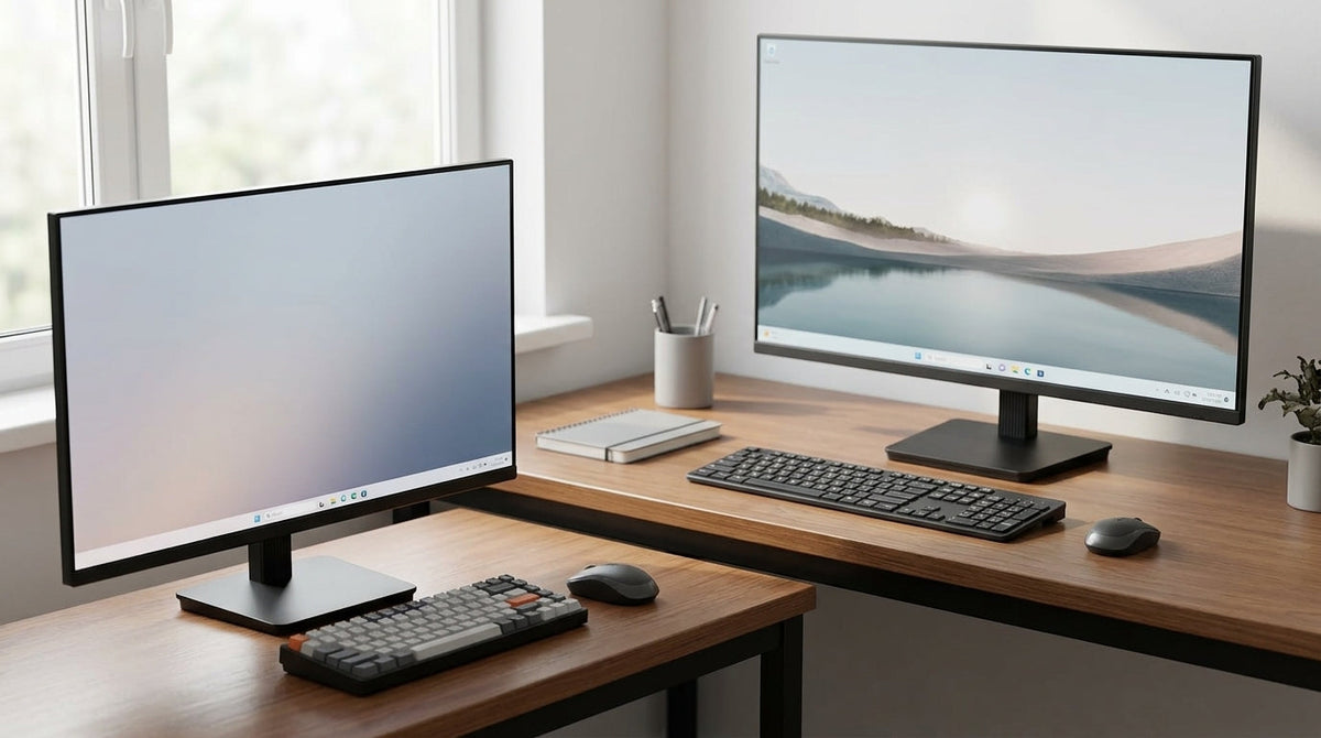 Desk setup comparing 27-inch and 32-inch monitors at different viewing distances