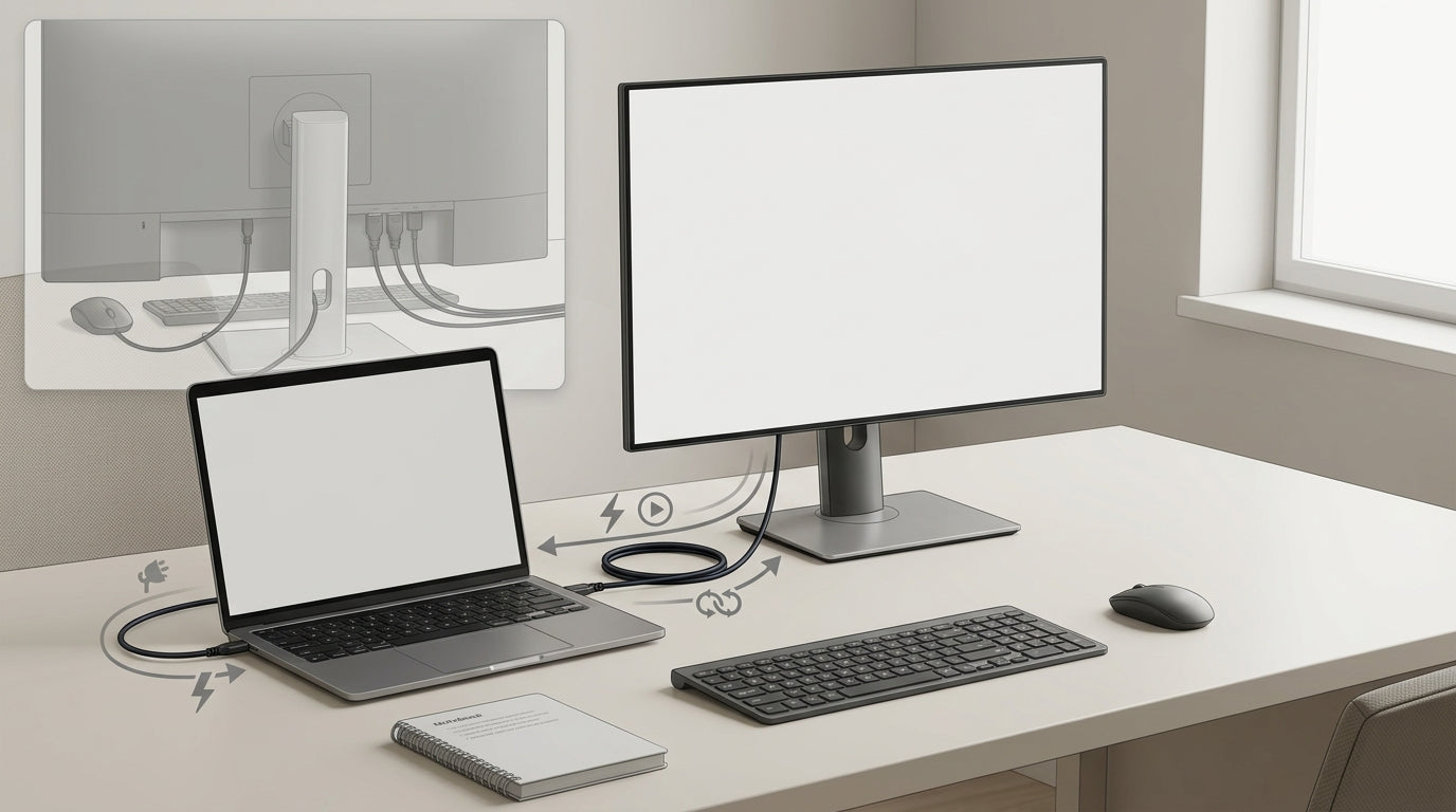 A technical desk setup showing a USB-C monitor connected to a laptop with one cable for video, USB data, and charging, alongside a simple diagram of bandwidth and power flow.