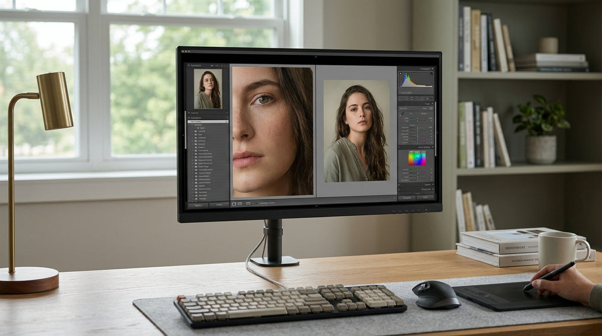 Color accurate creator monitor on a desk with design tools on screen