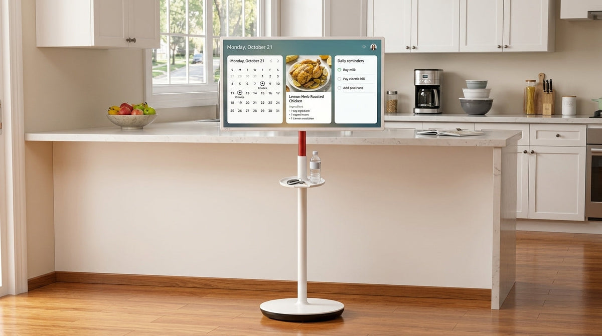 A rolling smart display showing a family calendar in a bright home kitchen