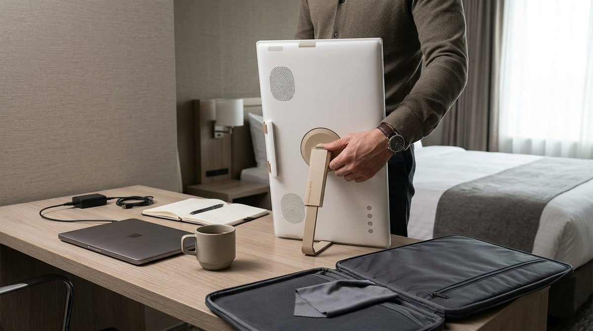 Portable smart display set up on a hotel desk beside a laptop and notebook