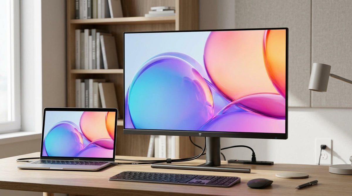 MacBook connected to a 27-inch external monitor on a clean desk