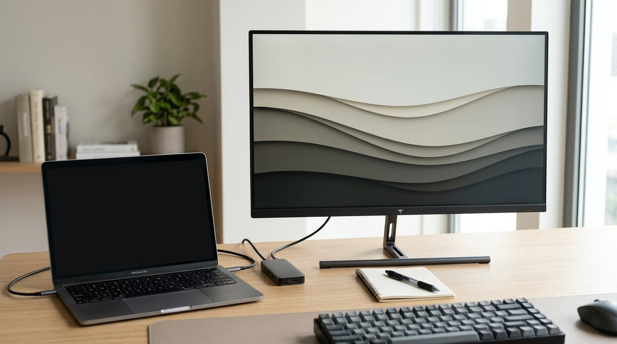 USB-C KVM monitor on a travel-ready desk with a laptop, dock, and cable
