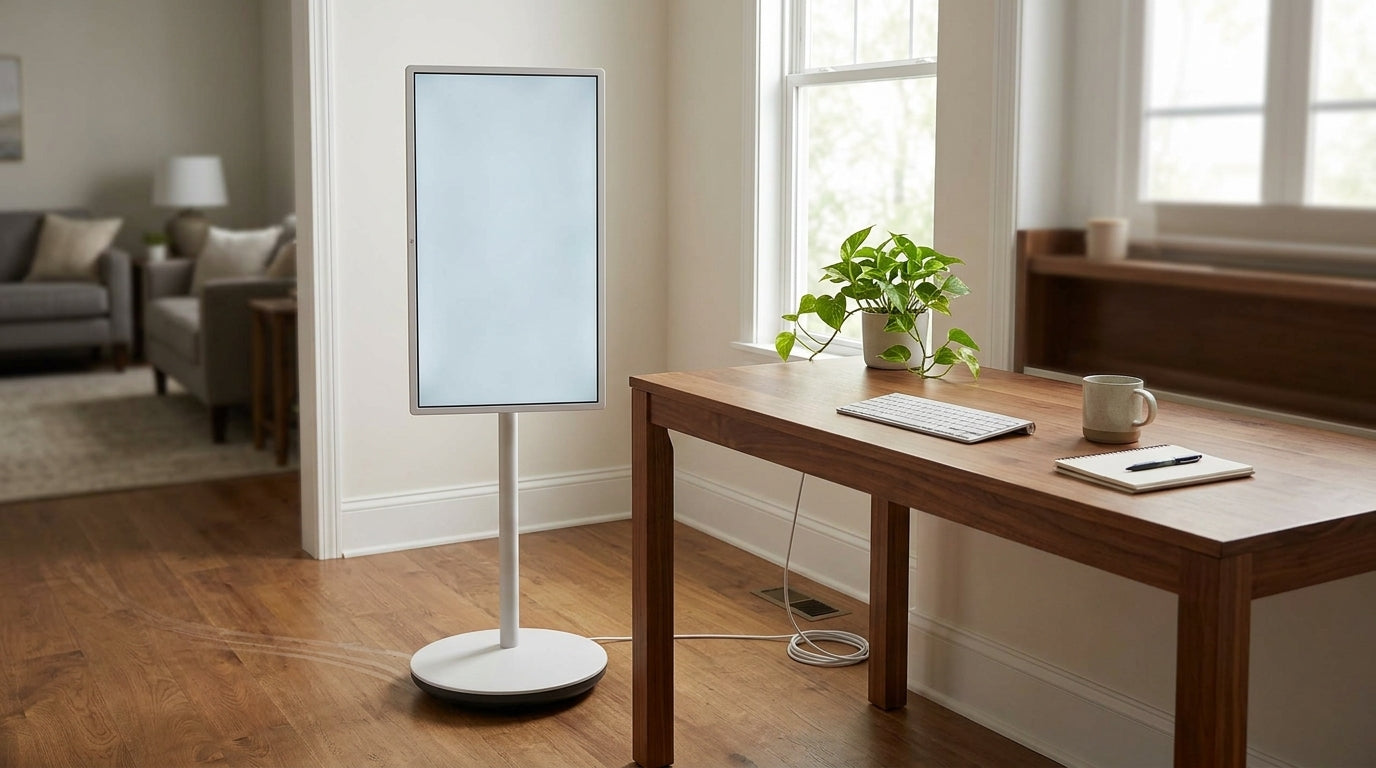 MegPad rolling smart display in a compact home office setup