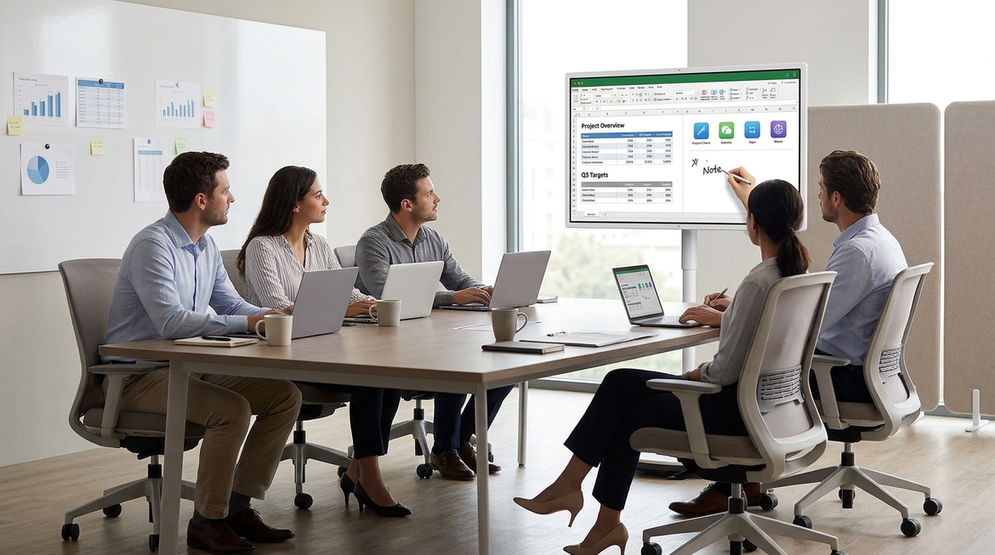 EDLA smart display in a shared office meeting room with a clean collaboration setup