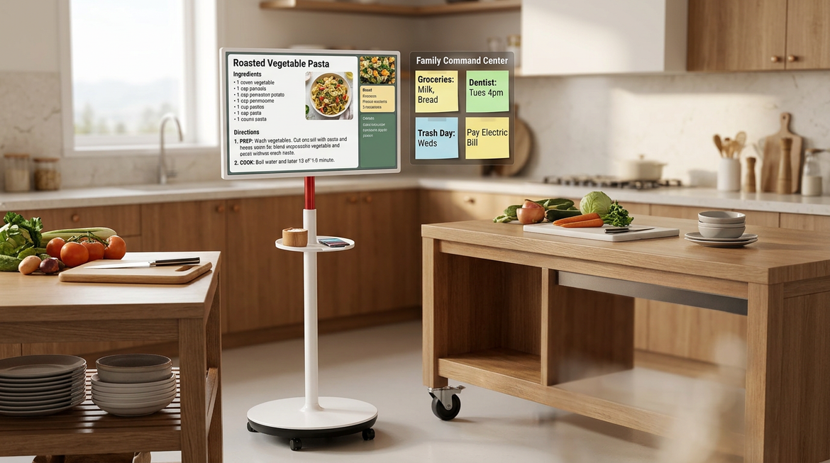 Rolling smart display in a bright family kitchen with a recipe on screen