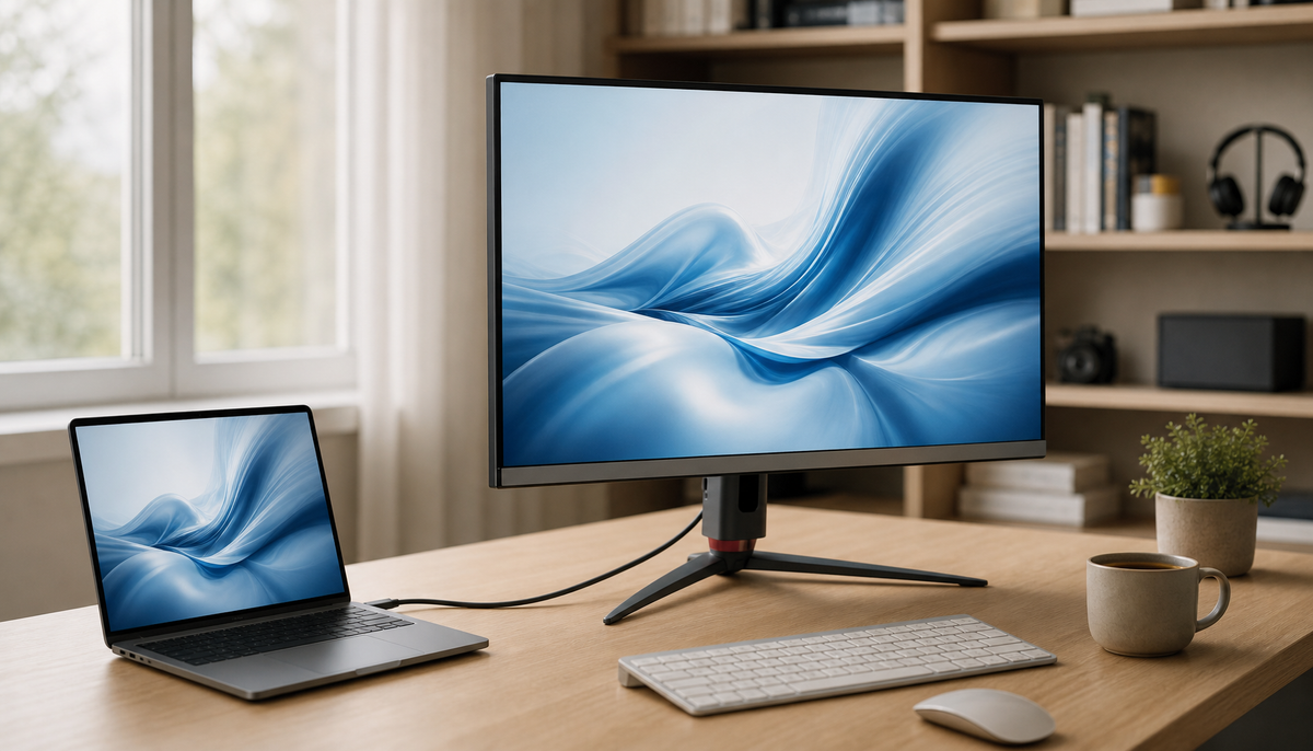 A 4K gaming monitor connected to a laptop via Thunderbolt USB-C cable on a clean desk setup