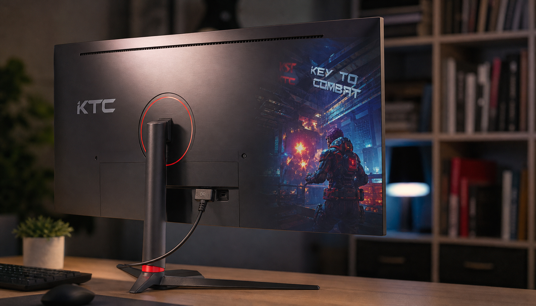 A 4K gaming monitor connected via DisplayPort cable, ready for a firmware update to enable DisplayPort 1.4 features