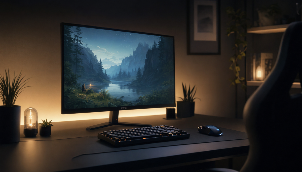 A gaming desk setup with soft bias lighting behind the monitor instead of aggressive RGB strips, showing a calm, comfortable viewing environment