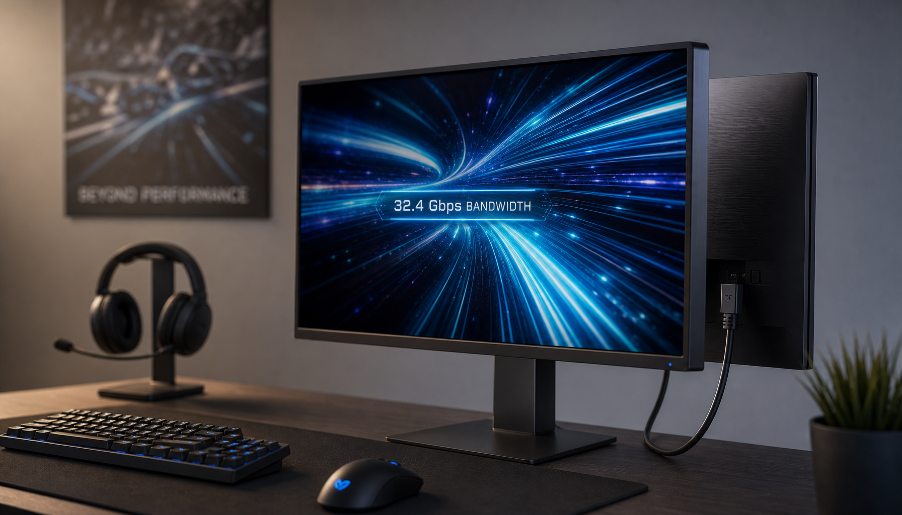 A gaming monitor connected via DisplayPort cable on a clean desk, representing the bandwidth differences between HBR, HBR2, and HBR3 link modes