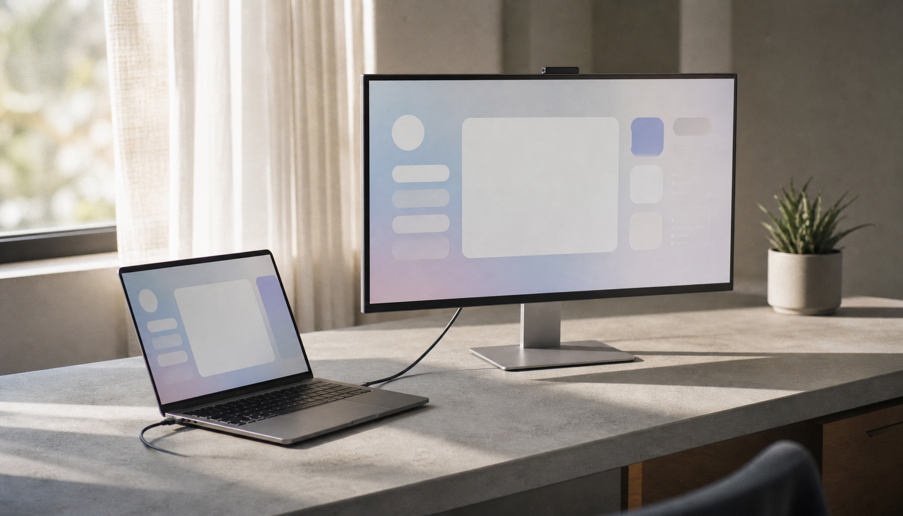 A laptop connected to a USB-C monitor with a single cable on a clean minimalist desk
