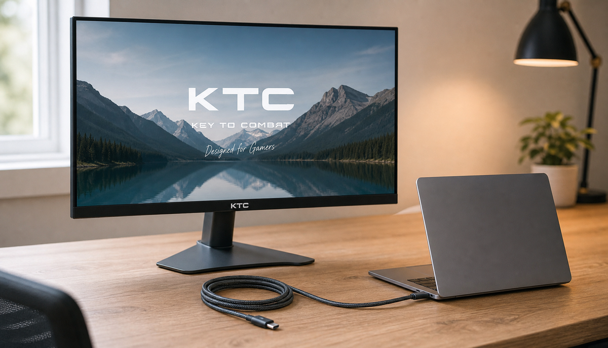 A laptop connected to a USB-C monitor with a single cable on a clean desk, illustrating one-cable Power Delivery charging setup