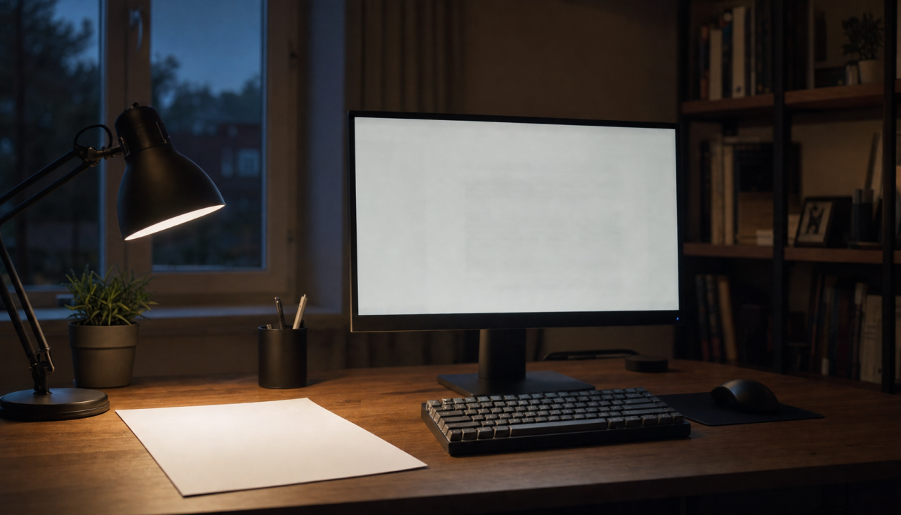 A monitor in a dim home office showing a washed-out screen next to a brighter white sheet of printer paper, demonstrating why low brightness causes a faded appearance