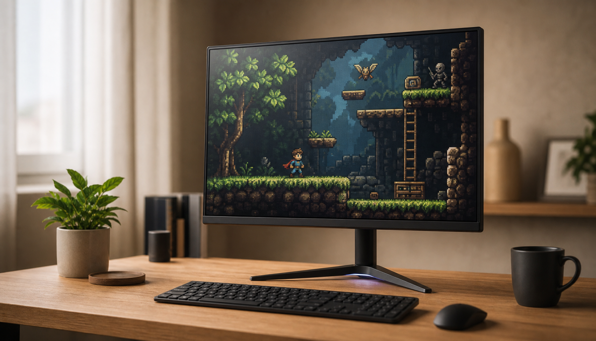 A retro pixel-art game displayed on a modern high-resolution gaming monitor, showing why older games look pixelated on today’s screens
