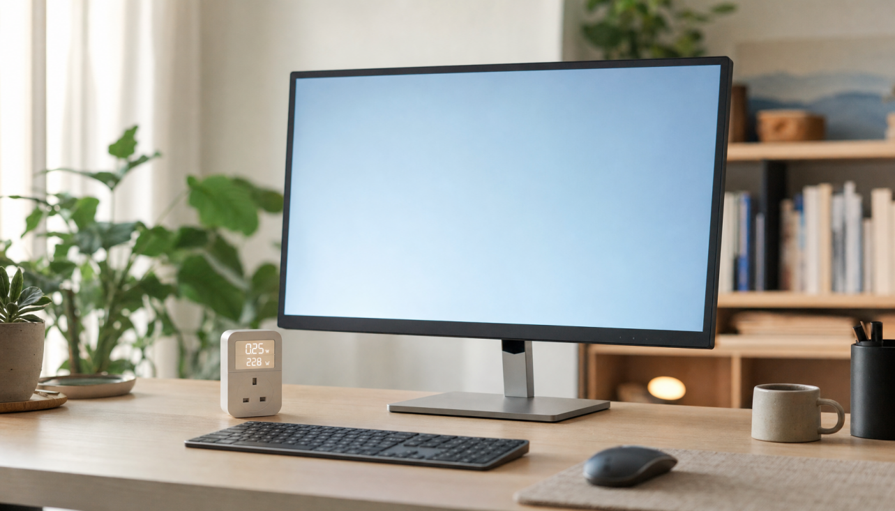 A slim energy-efficient monitor on a minimal desk next to a plug-in power meter, illustrating how monitor energy use can be measured against manufacturing emissions