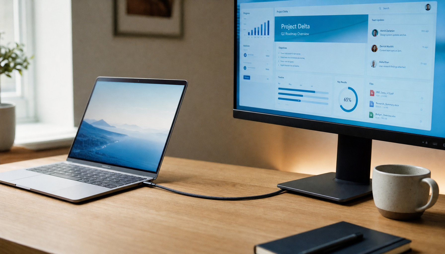 A slim laptop connected to a monitor via a single USB-C cable on a clean home office desk, illustrating the simplified power and display setup enabled by USB-C Power Delivery
