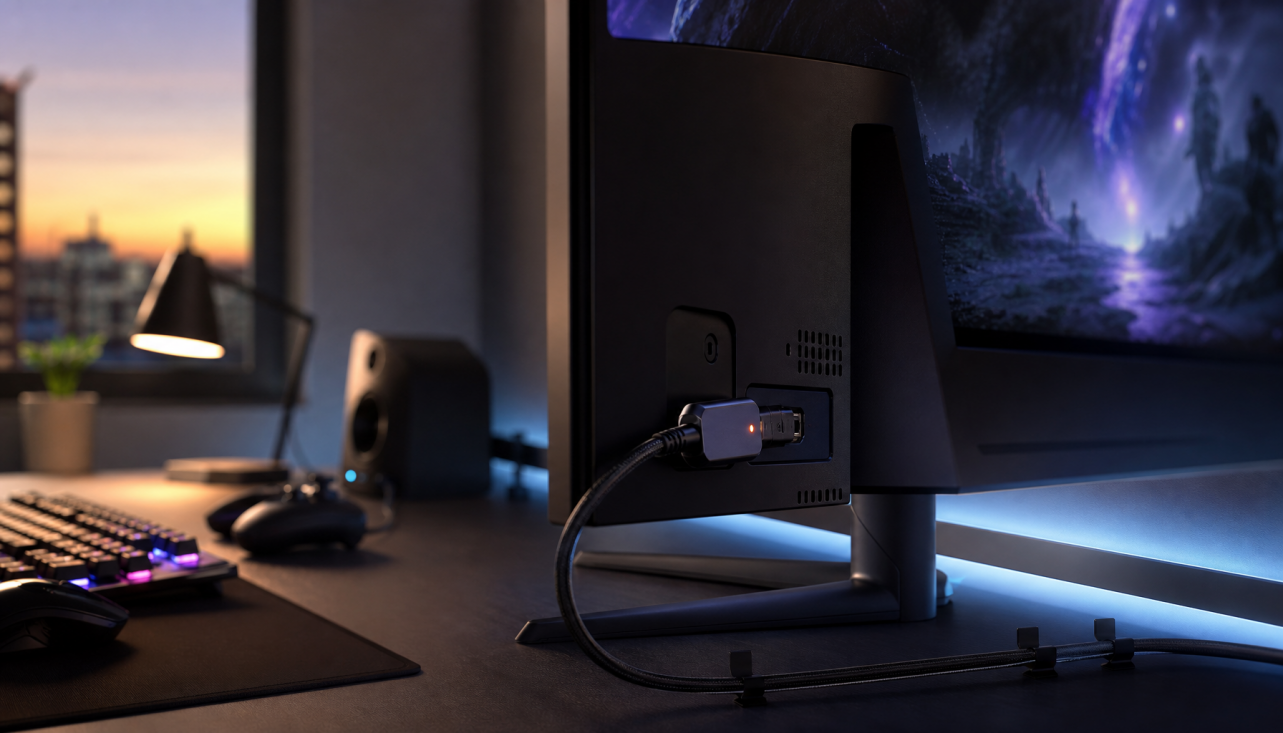 Active HDMI to DisplayPort adapter connected to a gaming monitor on a desk setup