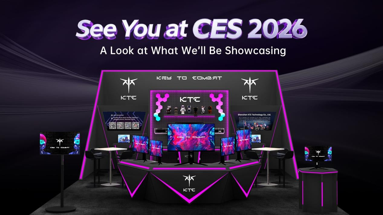 Rendering of the KTC CES 2026 exhibition booth, featuring neon pink and purple lighting and multiple display setups.