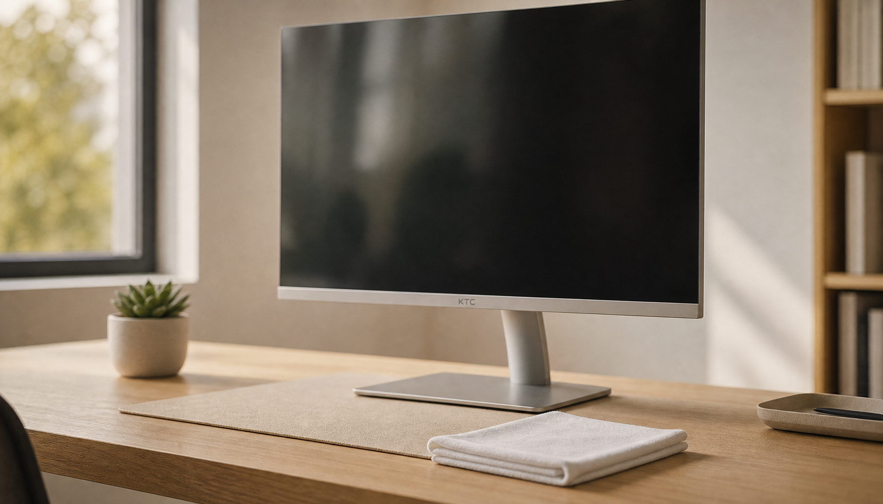 Clean home office desk with a dust-free monitor and a folded microfiber cloth ready for screen maintenance