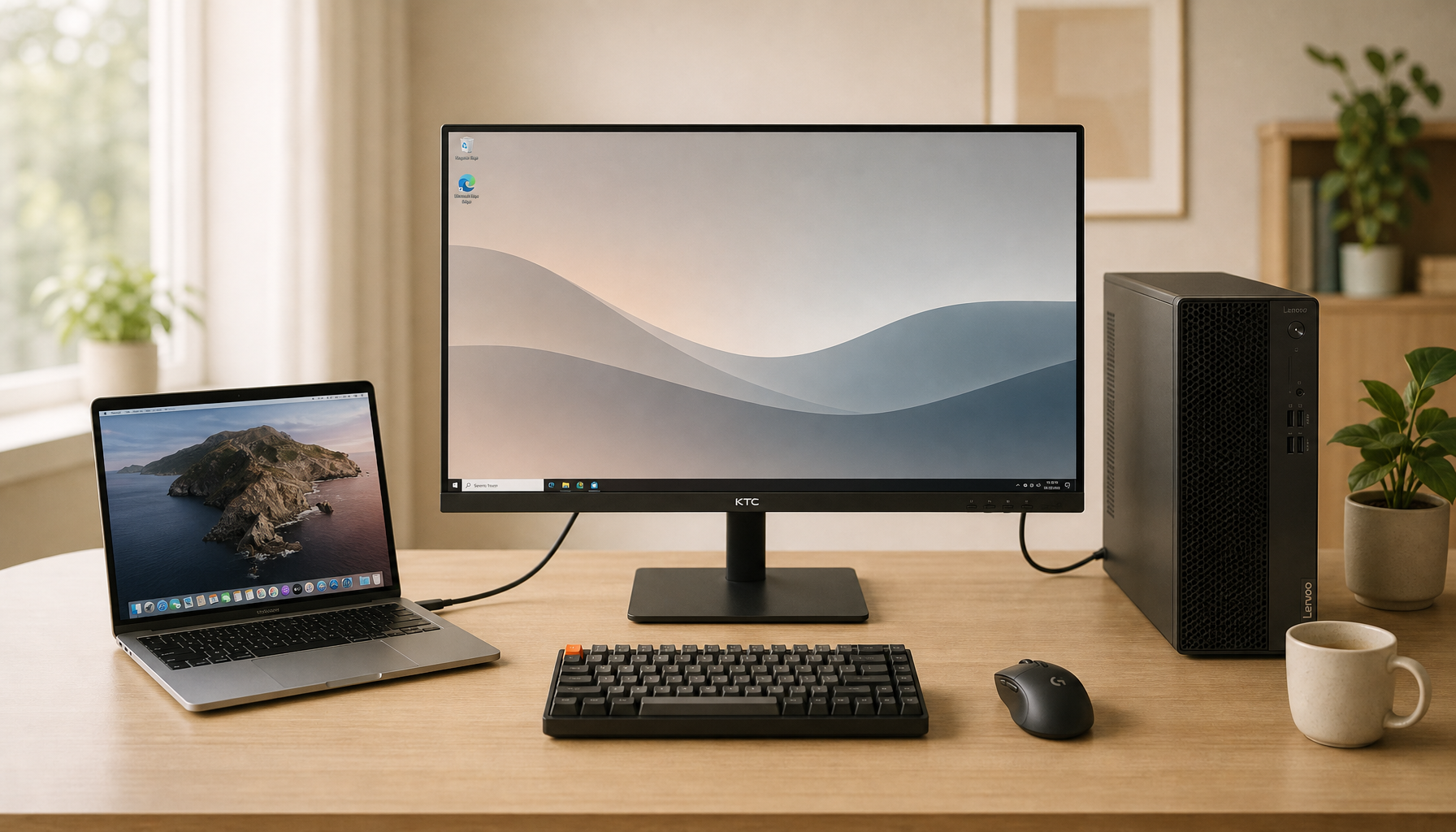 Clean hybrid home office desk with a KTC monitor shared between a MacBook and a Windows PC, one keyboard and mouse connected to both via built-in KVM