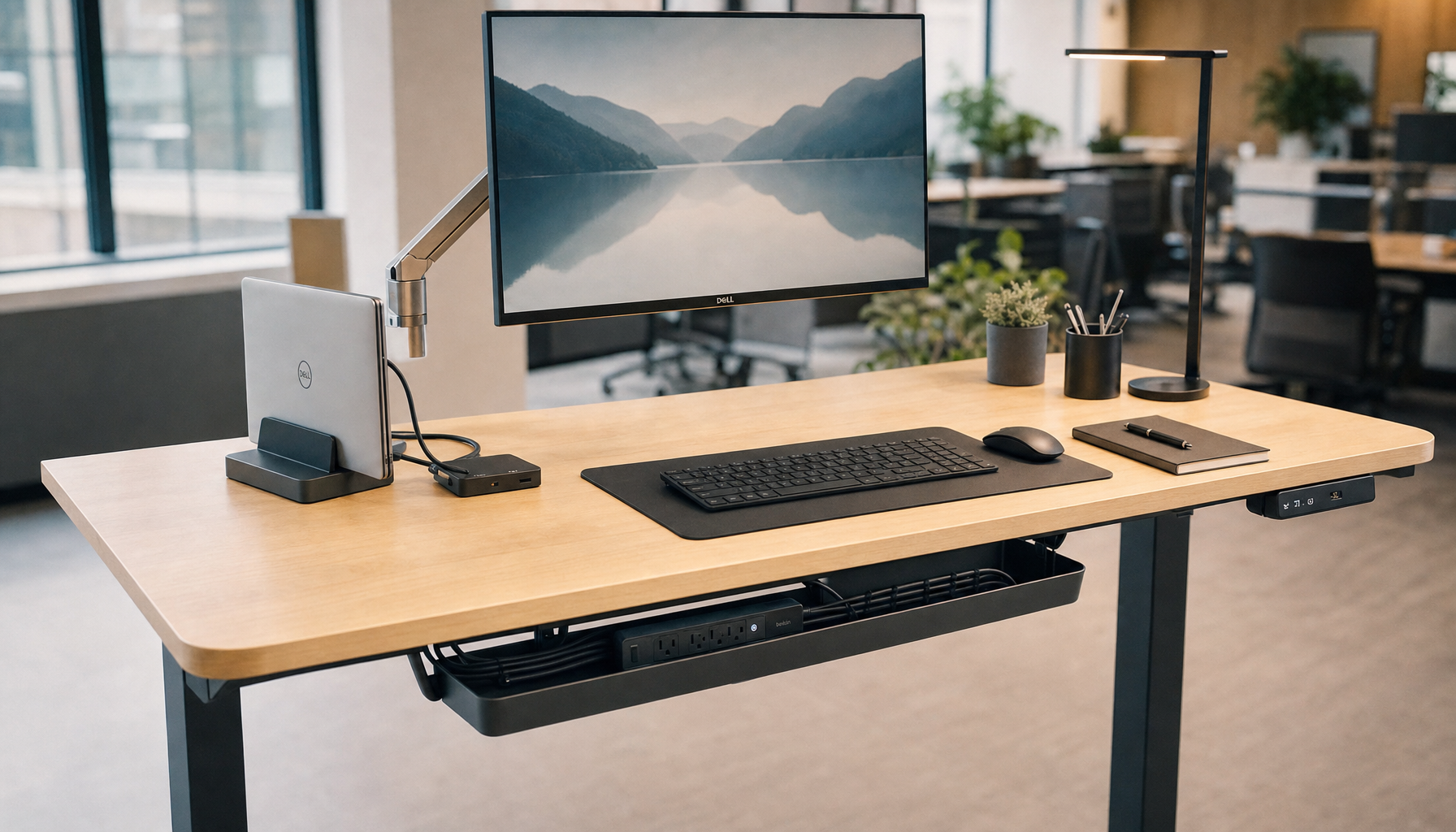 Clean hybrid hot desk with sit-stand frame, monitor arm, and neatly routed cables in an under-desk tray