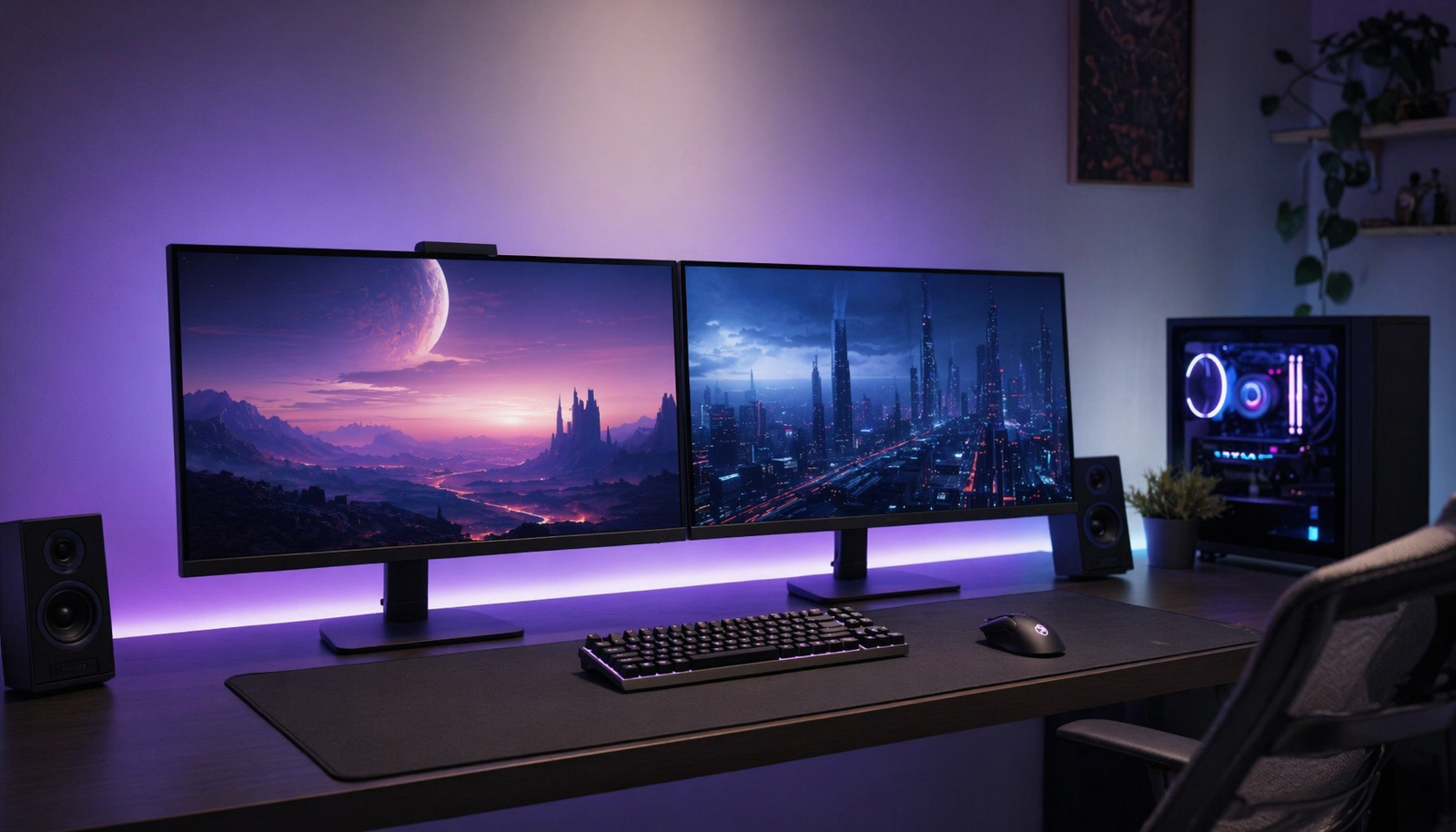 Clean minimal gaming desk setup with two slim-bezel monitors and no visible brand logos