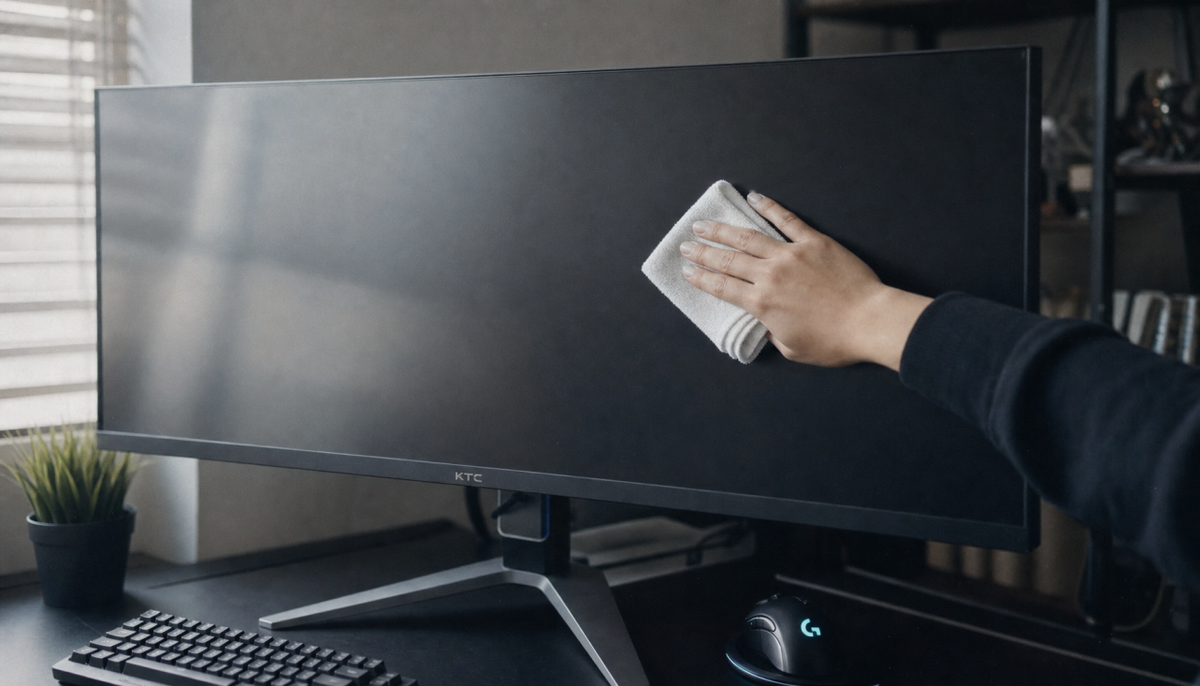 Cleaning a gaming monitor screen with a folded white microfiber cloth on a desk
