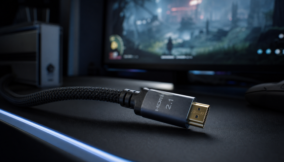 Close-up of a premium HDMI 2.1 cable connector on a gaming desk with a monitor glowing in the background