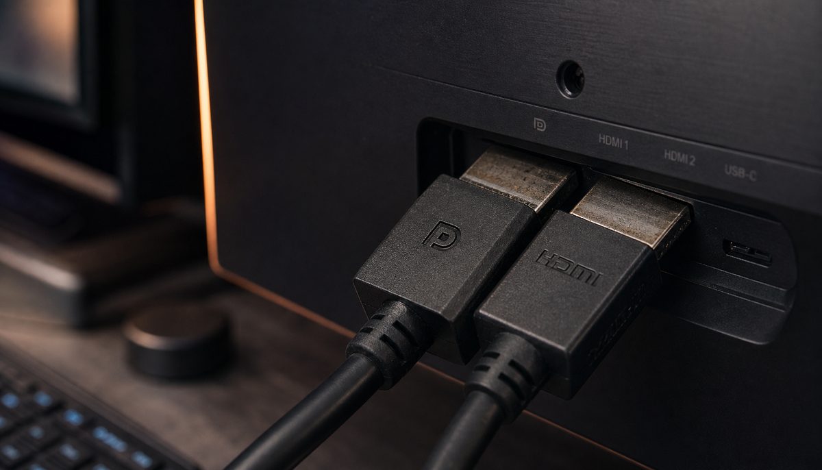 Close-up of display connectors plugged into a gaming monitor, illustrating how dirty or oxidized connectors can cause intermittent black screens