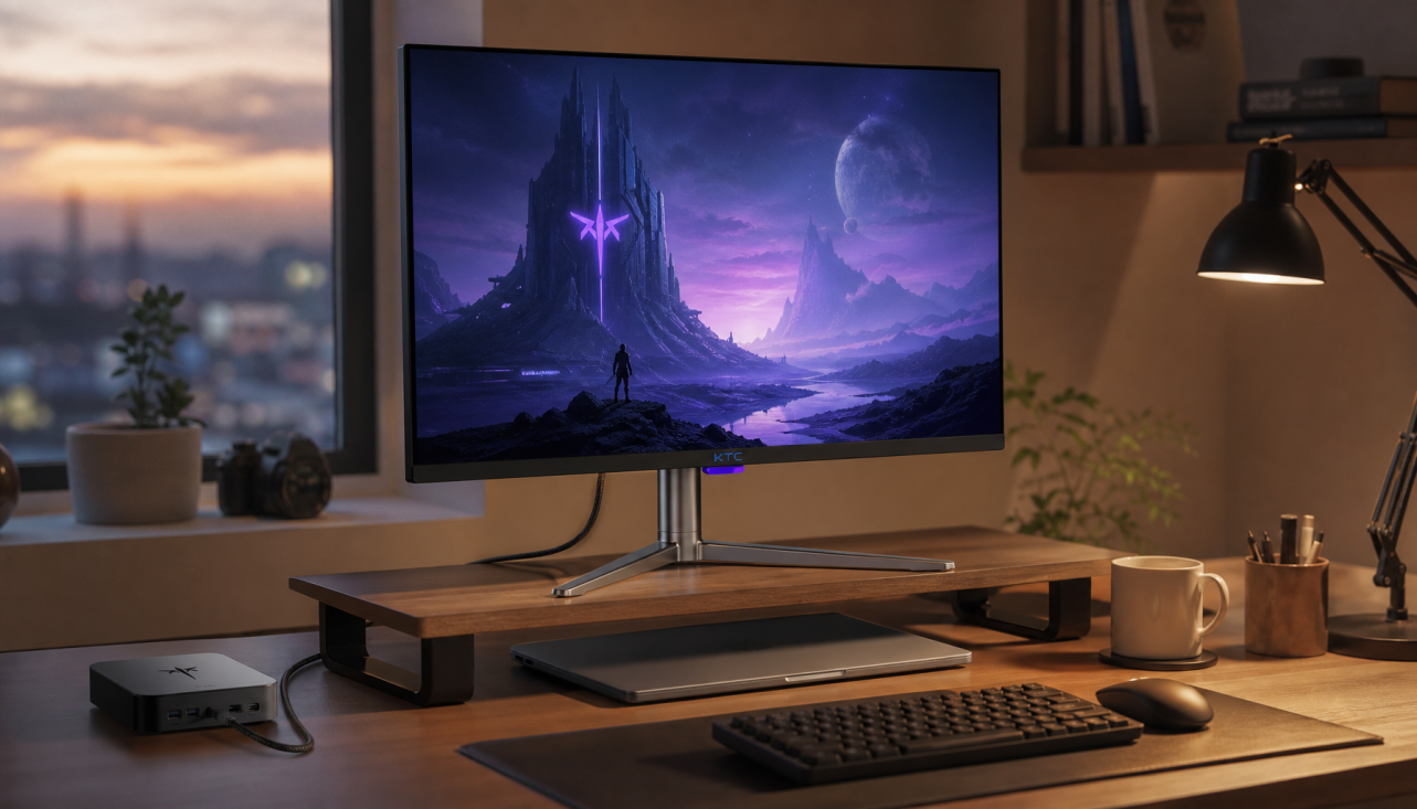 Closed laptop connected to an external monitor through a docking station on a home office desk