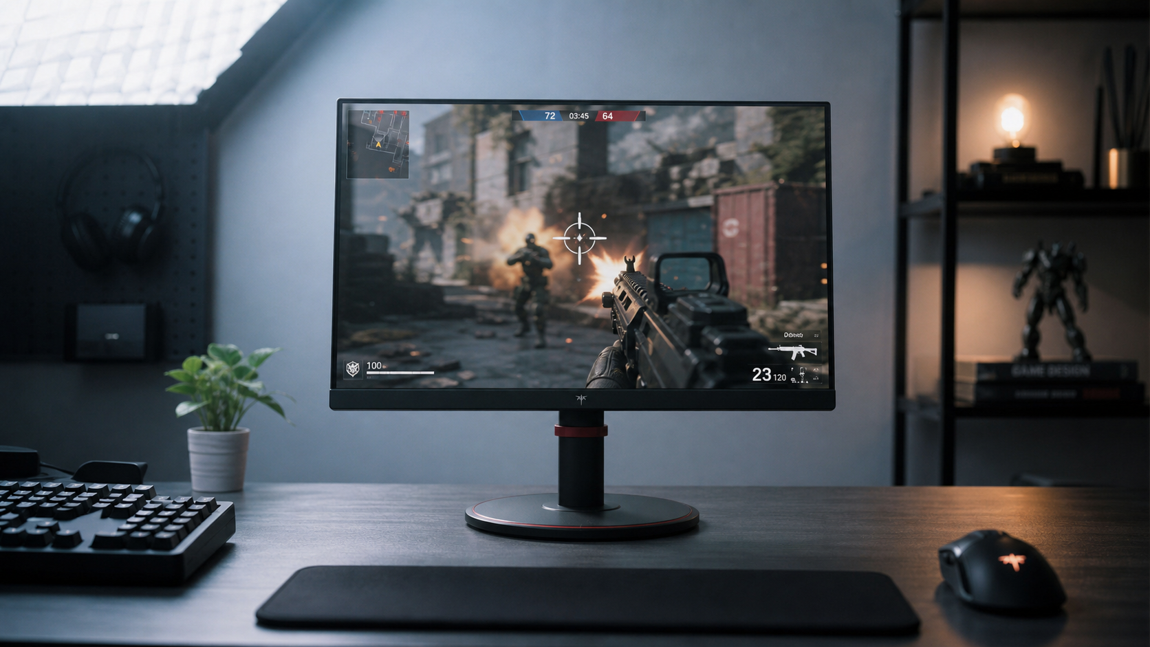 Compact 24-inch gaming monitor on a clean desk showing a high-refresh-rate FPS game in mid-action, cool studio lighting highlighting the display’s crisp motion