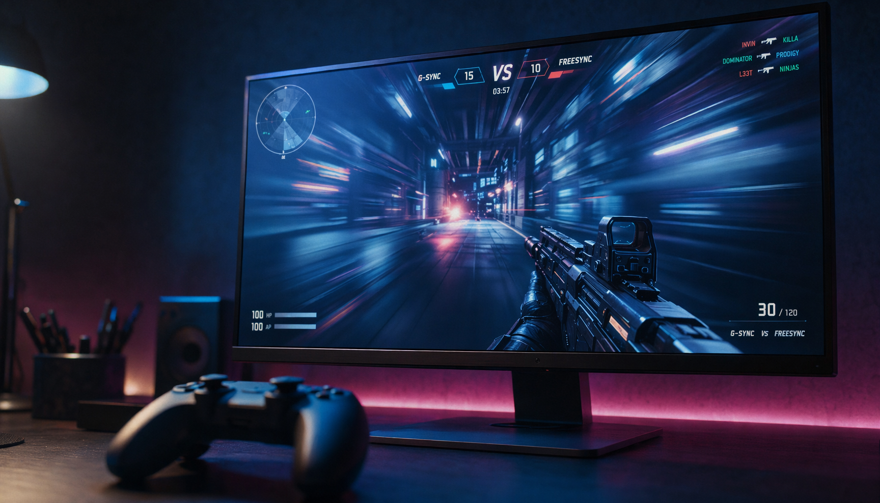 Competitive console gaming setup with gaming monitor and controller showing VRR and input lag considerations