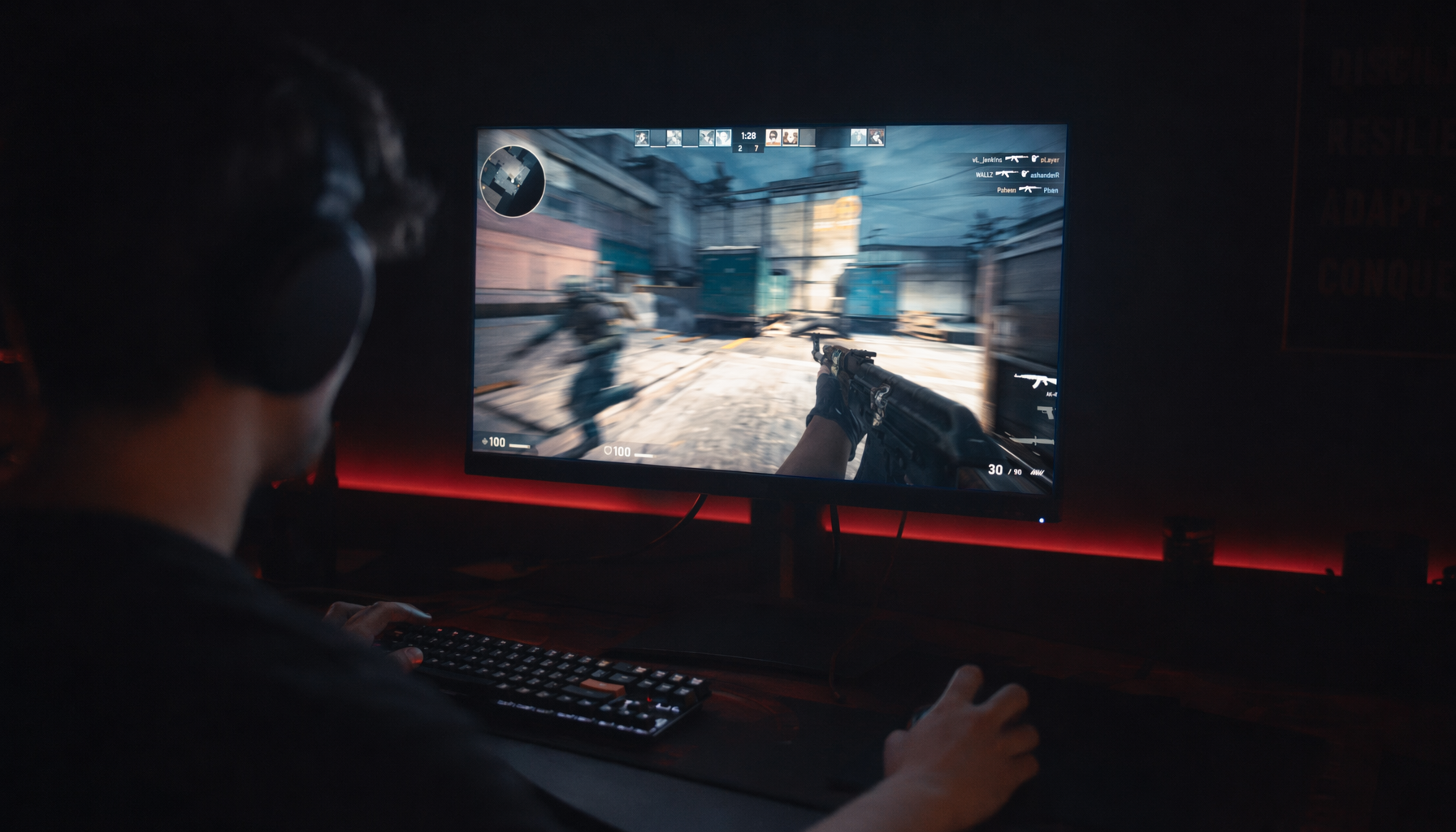 Competitive gamer at a high-refresh-rate monitor in a dark room, showing the visual contrast between motion blur and a sharp display
