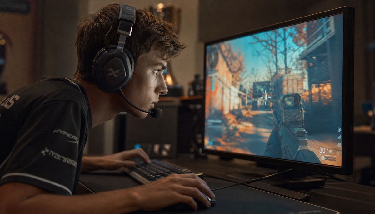 Competitive gamer testing a gaming monitor with an in-game FPS scenario, focused on motion clarity and response during a live match
