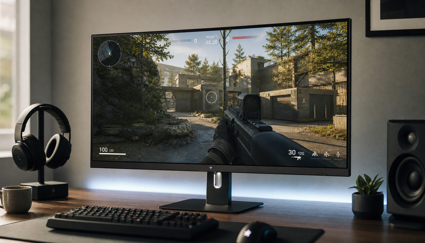 Competitive gaming monitor displaying a first-person shooter with a centered crosshair, representing the 16:9 aspect ratio advantage