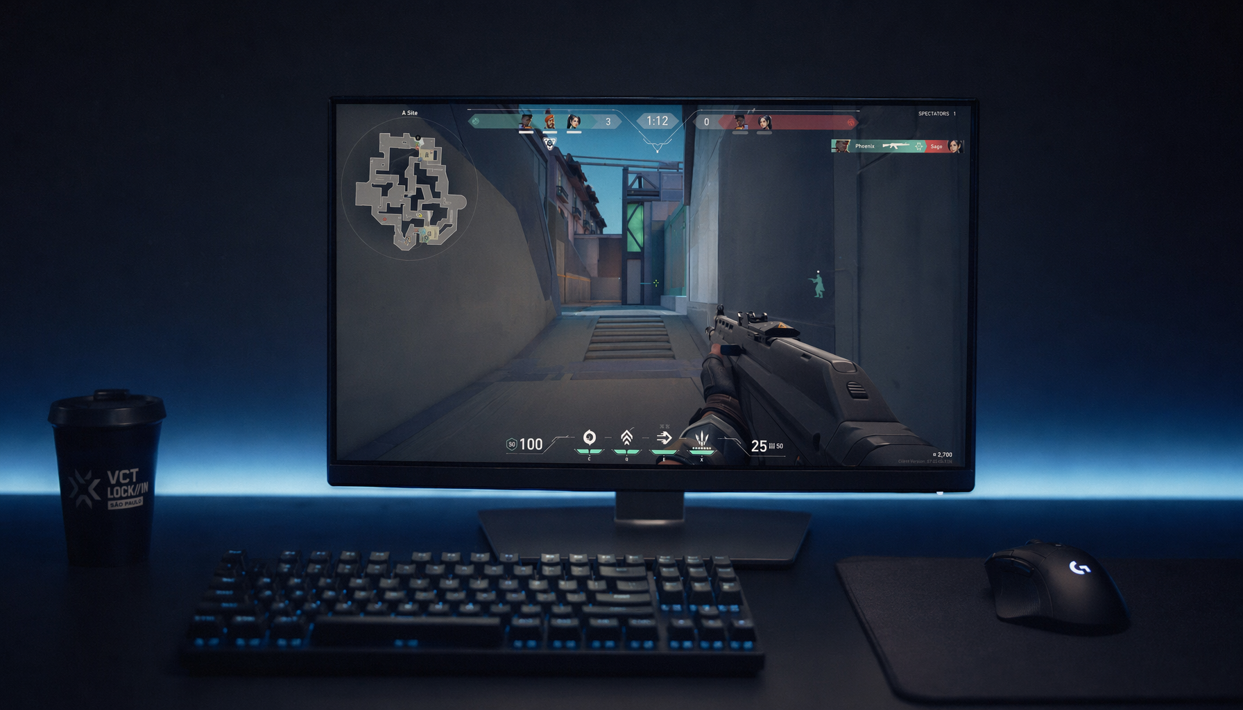 Competitive gaming setup with a 24-inch monitor displaying a first-person shooter, lit by screen glow on a dark desk
