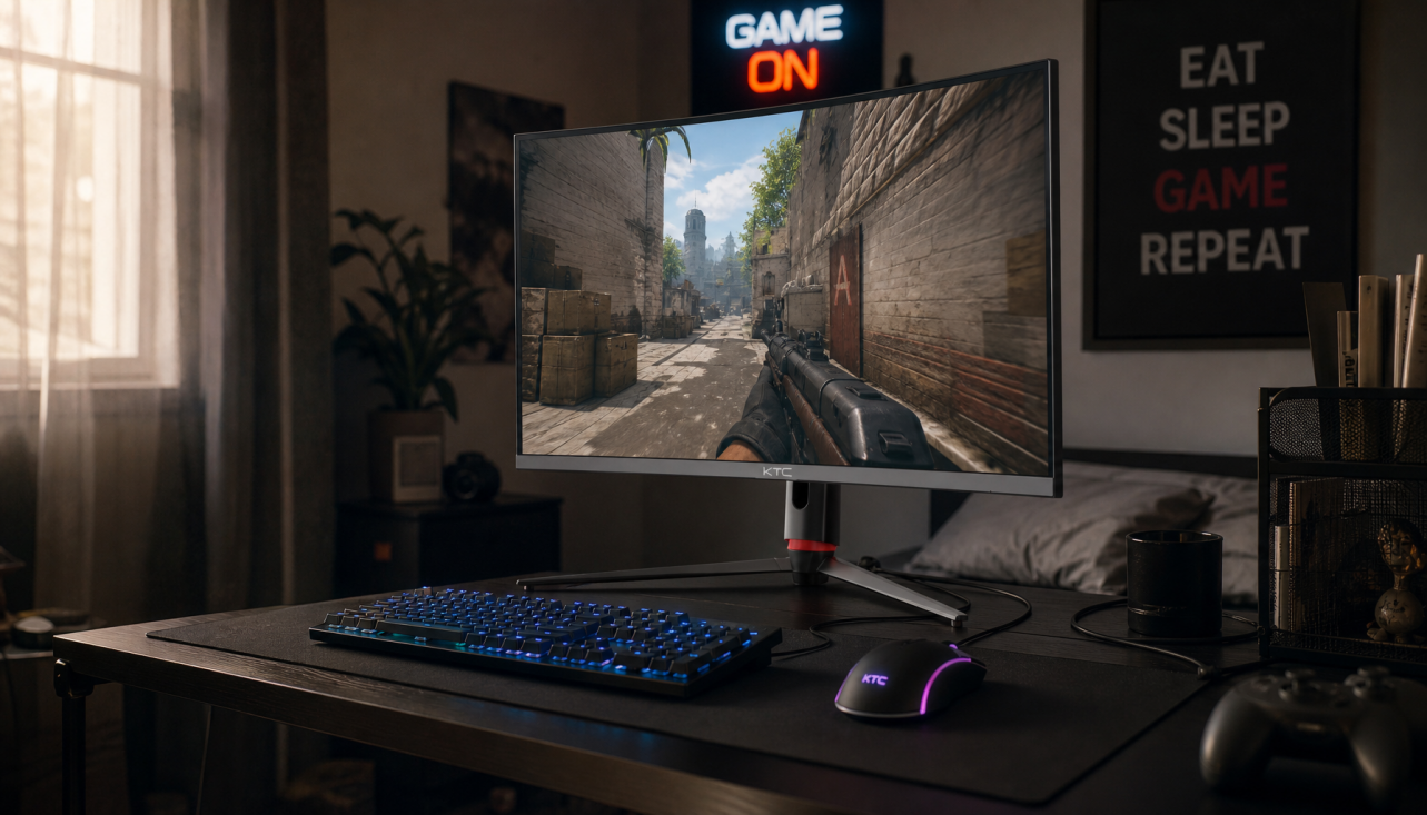 Competitive gaming setup with a matte monitor displaying a tactical FPS game, no glare from nearby window