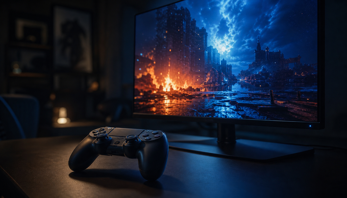 Console controller in front of a gaming monitor displaying HDR game with vivid color contrast