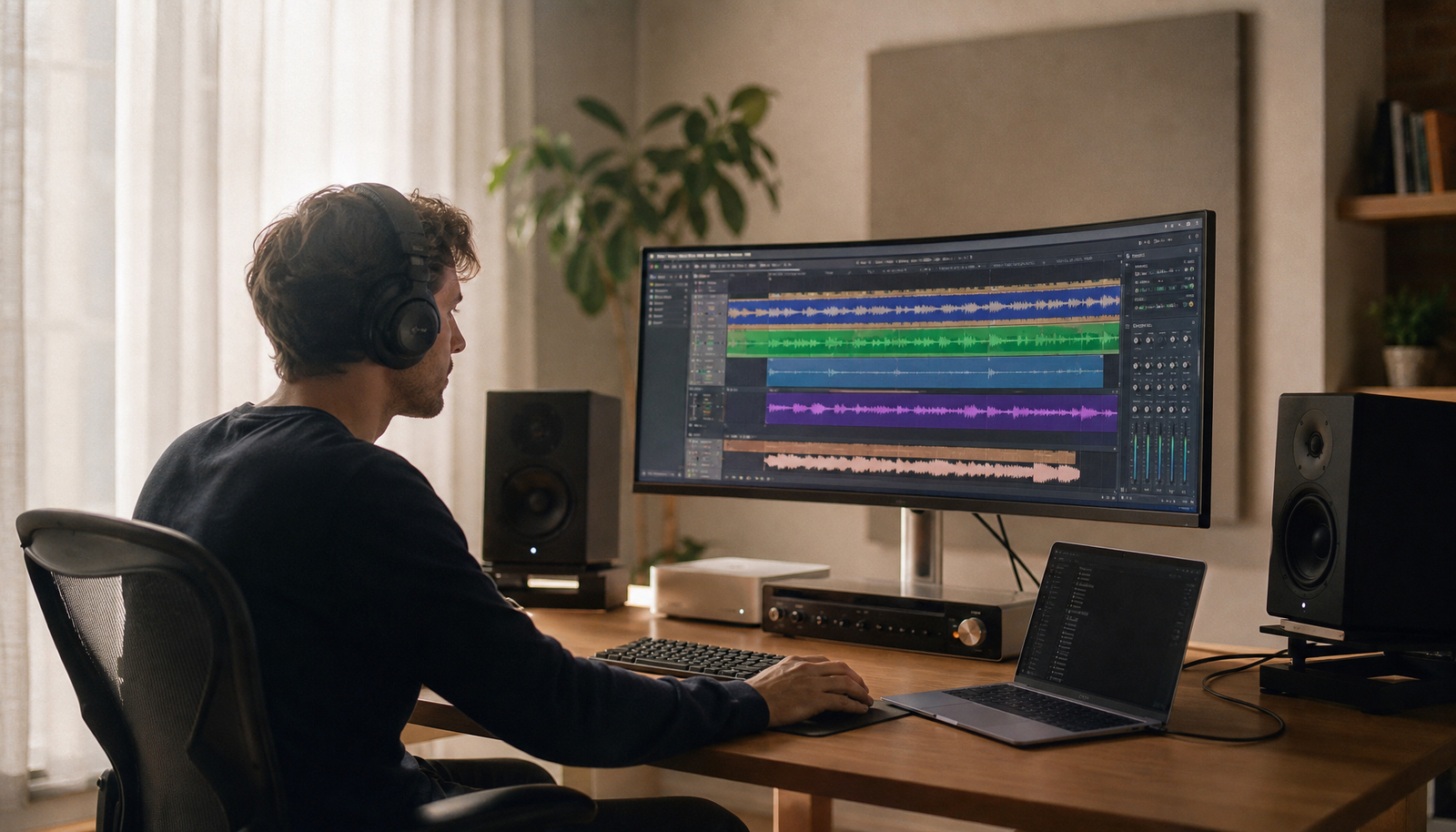 Creative professional working at a clean desk with a USB-C monitor displaying a digital audio workstation timeline
