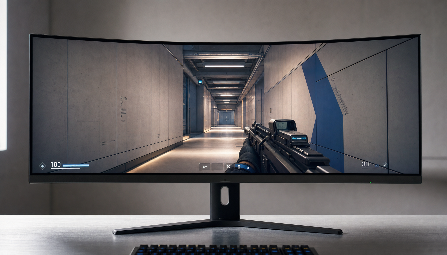 Curved ultrawide gaming monitor displaying a first-person game view with straight wall geometry, demonstrating correct FOV settings without fisheye distortion