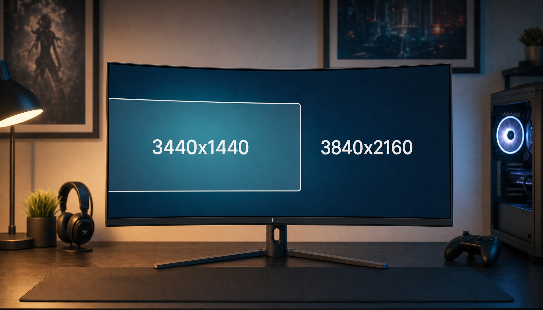 Curved ultrawide gaming monitor showing two different resolution specs on screen — 3440x1440 native and 3840x2160 supported input
