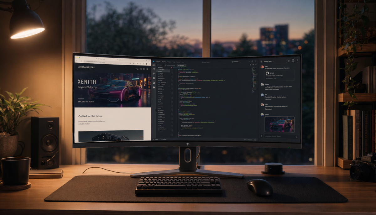 Curved ultrawide monitor displaying a multi-window workspace on a tidy desk, demonstrating comfortable ergonomic viewing zones