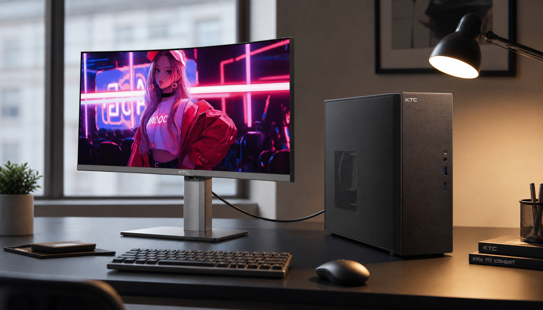Desktop PC workstation with a USB-C monitor connected via a single cable on a clean modern desk
