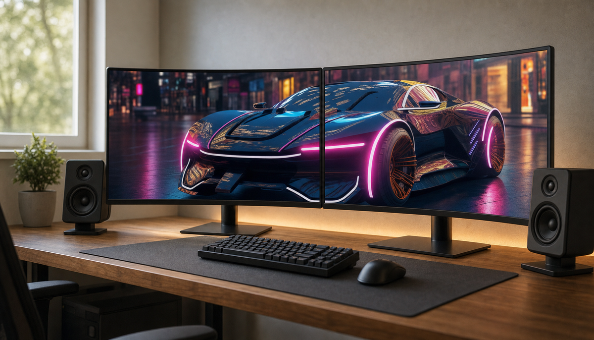 Dual 27-inch monitor desk setup showing proper spacing and desk width for a comfortable gaming and productivity workspace